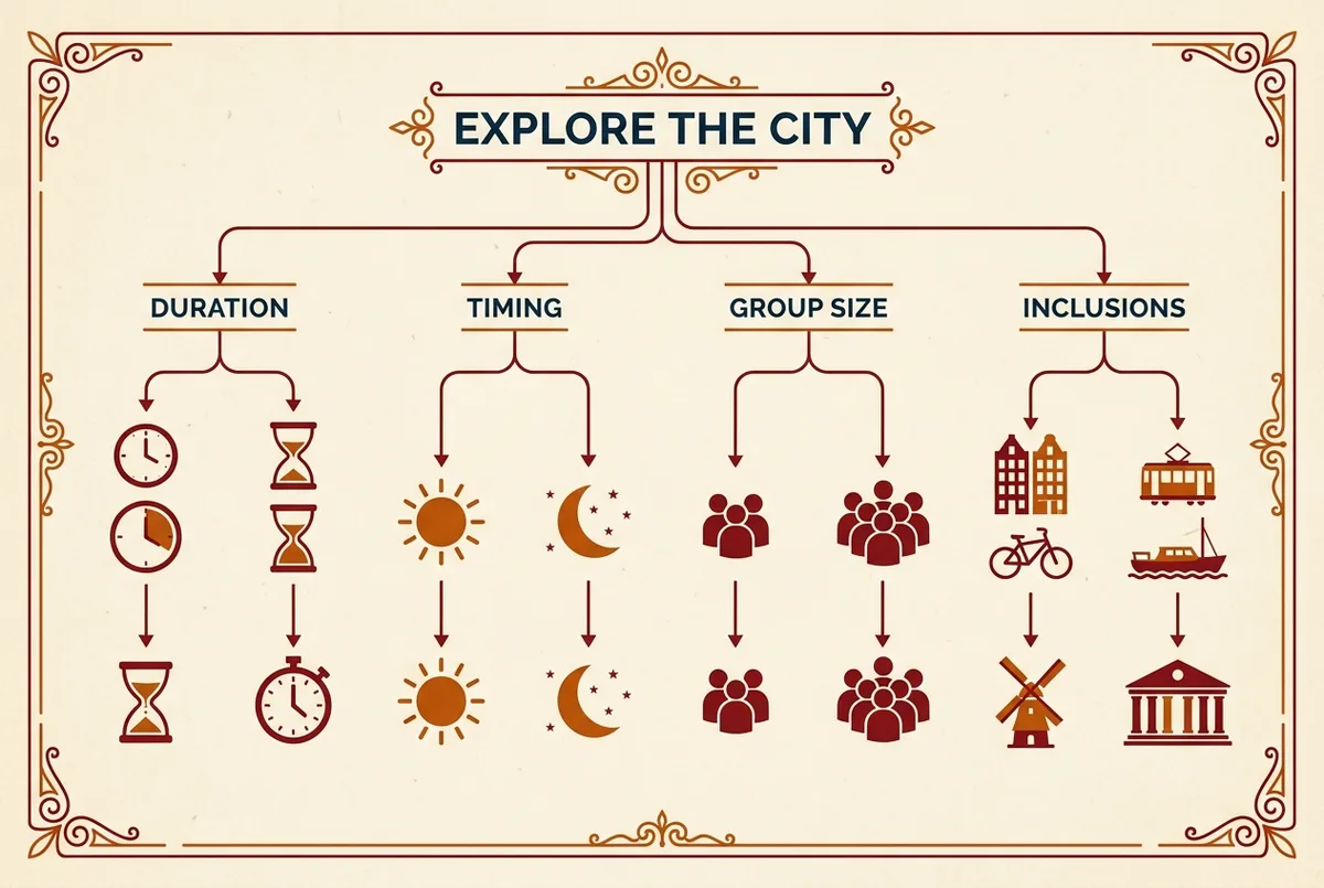 Simple decision tree infographic labeled Duration, Timing, Group Size, and Inclusions, each branching into two tour format options