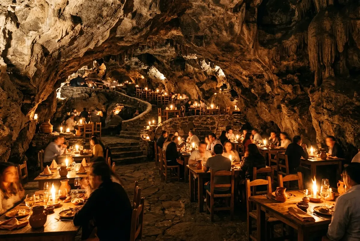 Warm interior shot of the La Gruta cave restaurant near Teotihuacan with candlelit tables set beneath a natural rock ceiling