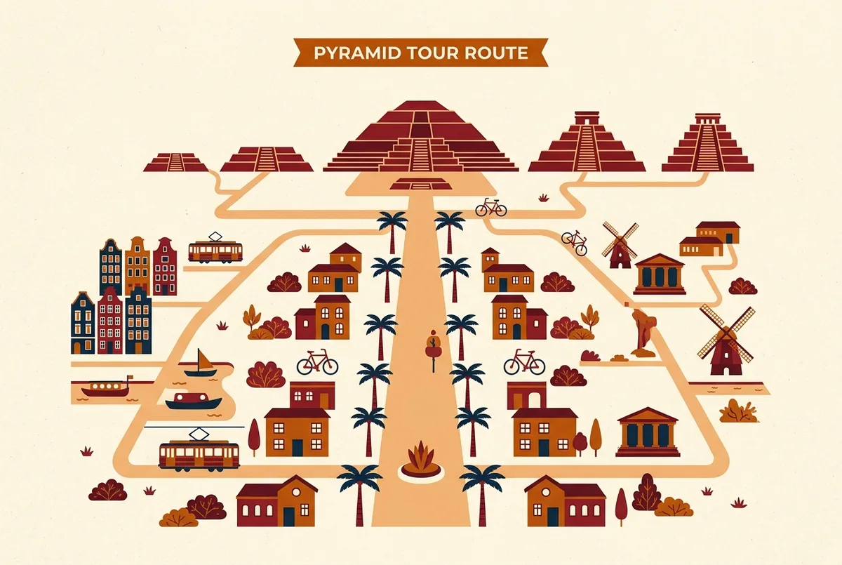 Mapa ilustrado sencillo de un tour piramides de teotihuacan mostrando la Avenida de los Muertos conectando la Pirámide del Sol, la Pirámide de la Luna y el Templo de la Serpiente Emplumada
