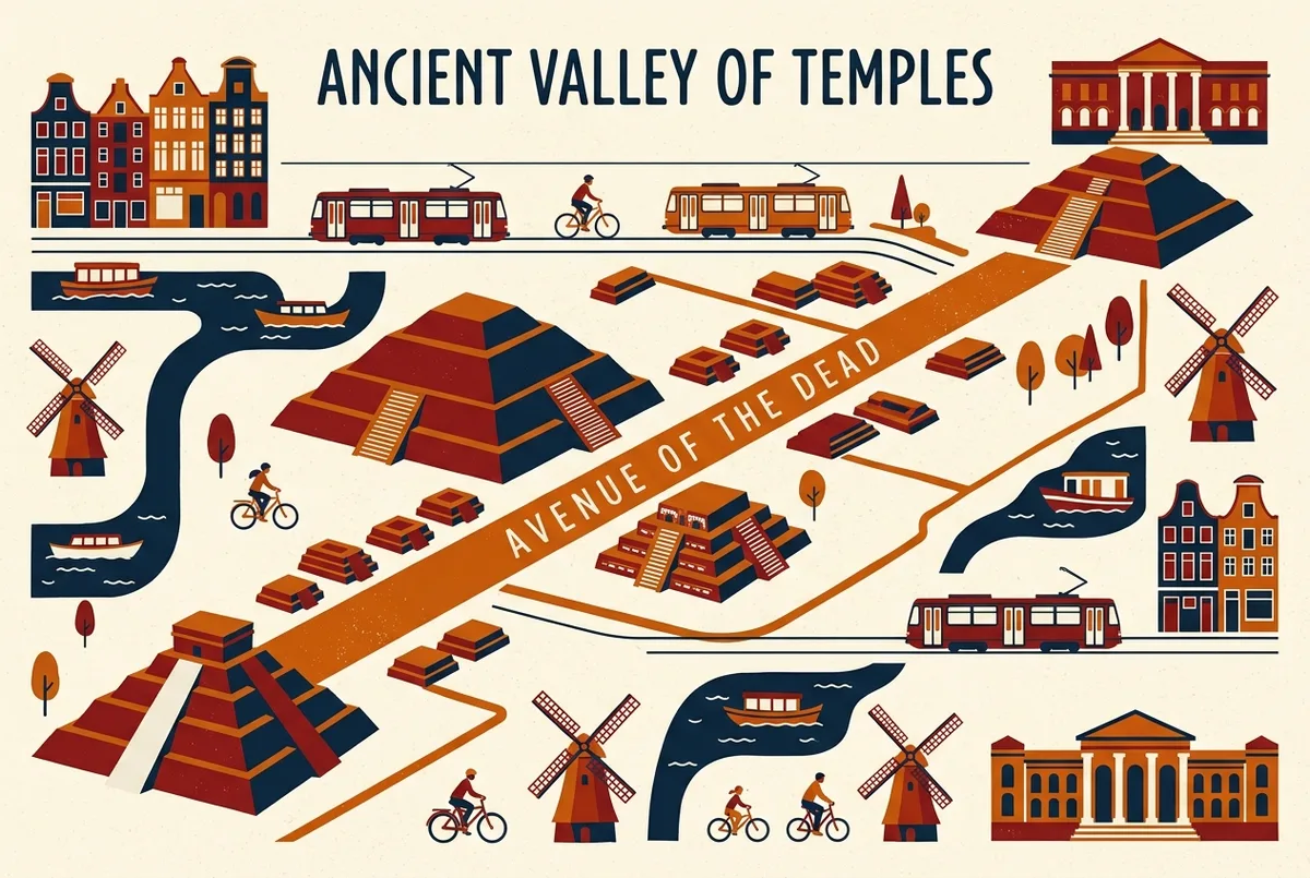 Simple labeled diagram showing the Pyramid of the Sun, Pyramid of the Moon, and Temple of the Feathered Serpent positioned along the Avenue of the Dead at Teotihuacan