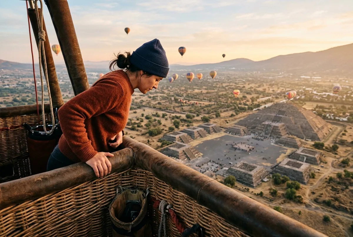 Traveler looking down thoughtfully from a hot air balloon basket at the Teotihuacan pyramids weighing whether the sunrise flight is worth it