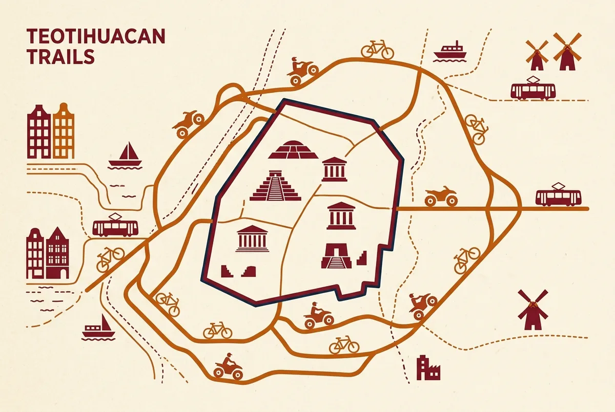 Simple labeled map showing the Teotihuacan archaeological zone boundary alongside the surrounding trail network used for ATV and bike routes
