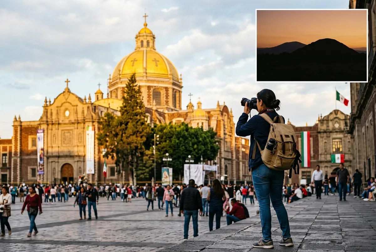 Traveler photographing the golden dome of the Basilica of Guadalupe with the Teotihuacan pyramids silhouette inset, illustrating a teotihuacan and guadalupe shrine combo tour