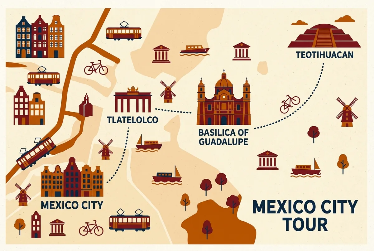 Route map infographic showing Mexico City, Tlatelolco, the Basilica of Guadalupe, and Teotihuacan connected by a dotted travel line, illustrating a teotihuacan guadalupe tour itinerary