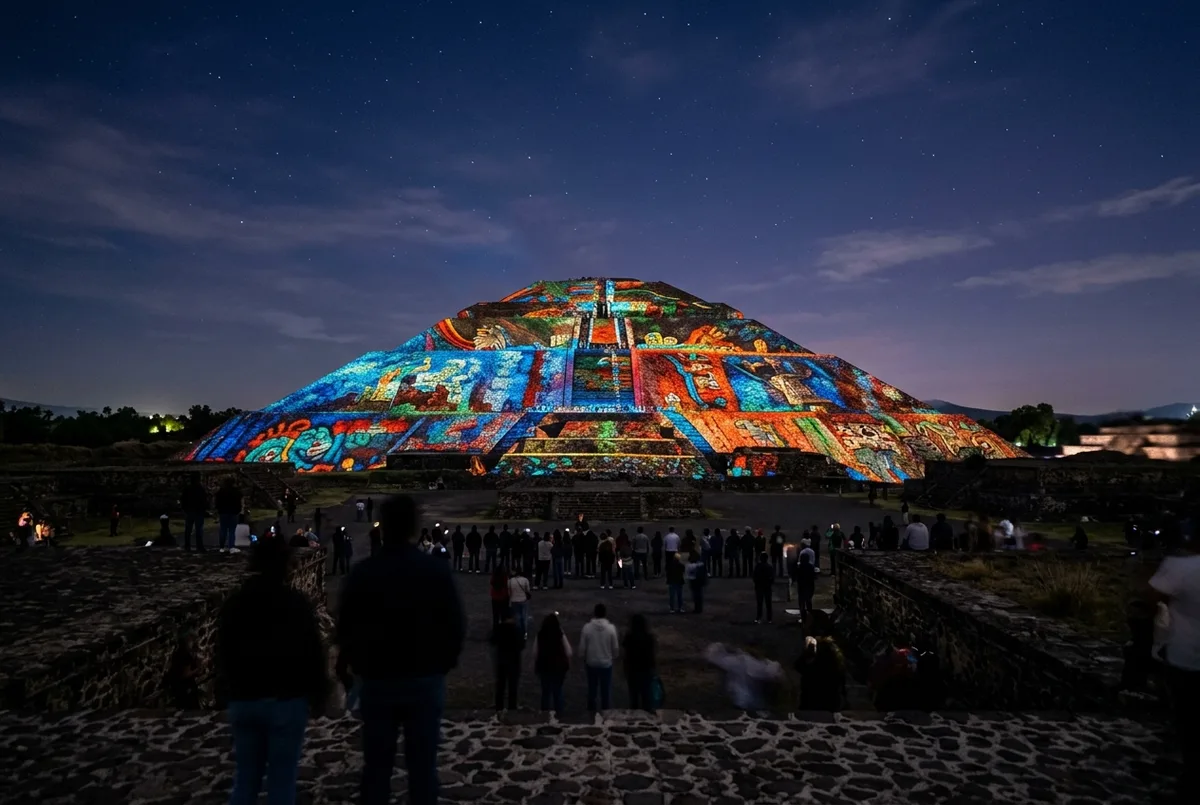 Colorful light and sound projection illuminating the Pyramid of the Sun at Teotihuacan against a dark evening sky