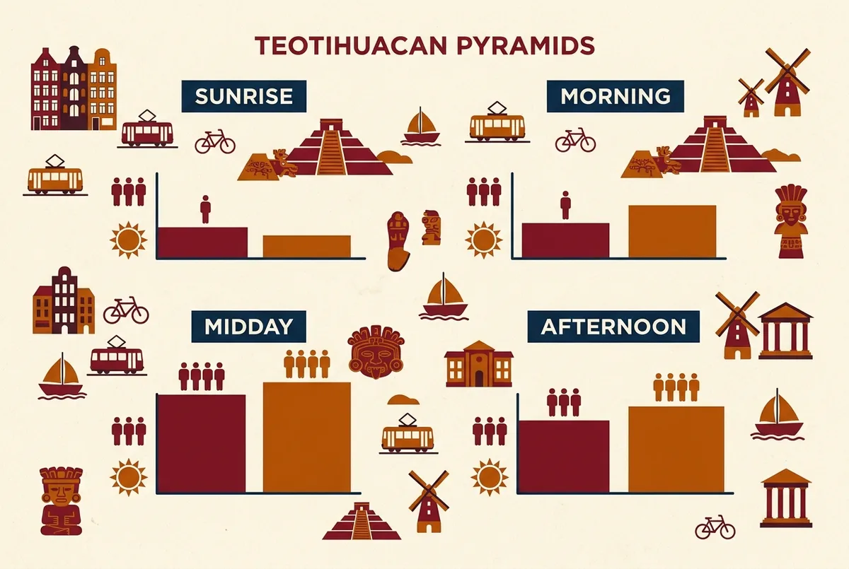Simple bar infographic comparing crowd density and temperature across four labeled blocks, sunrise, morning, midday, and afternoon, at teotihuacan pyramids
