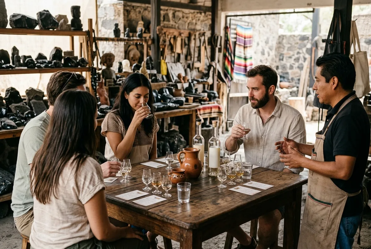 Small group sampling tequila at a wooden tasting table inside an obsidian workshop near Teotihuacan in soft mid-morning light