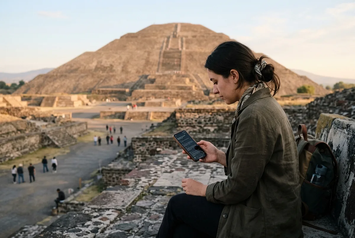 Traveler reading teotihuacan tour reddit threads on a phone with the Pyramid of the Sun visible in soft morning light in the background