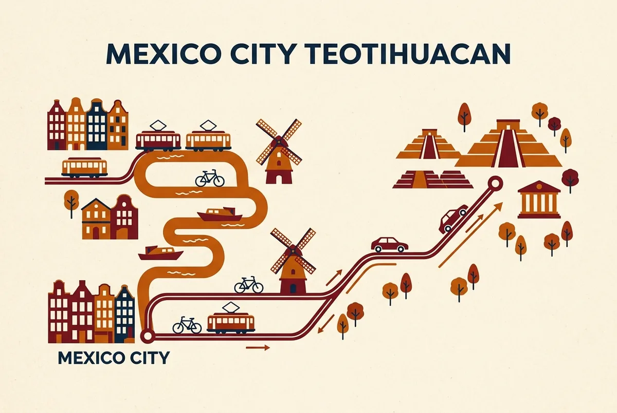 Simple route map showing Mexico City connected to Teotihuacan with generic icons marking the bus terminal, driving route, and archaeological zone