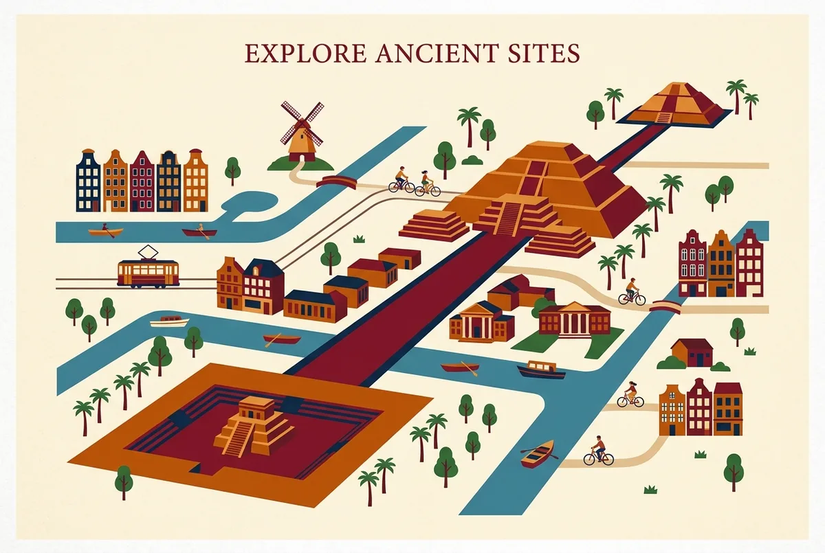 Simple overview map of Teotihuacan showing the Avenue of the Dead running between the Ciudadela, Pyramid of the Sun, and Pyramid of the Moon, labeled for first-time visitor orientation