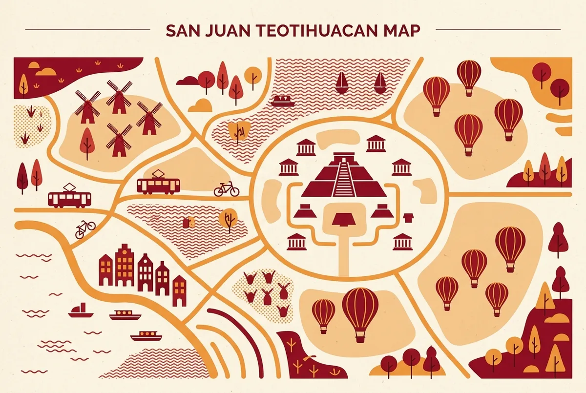 Simple map style infographic marking San Juan Teotihuacan hotel areas relative to the pyramid site entrances and hot air balloon launch fields